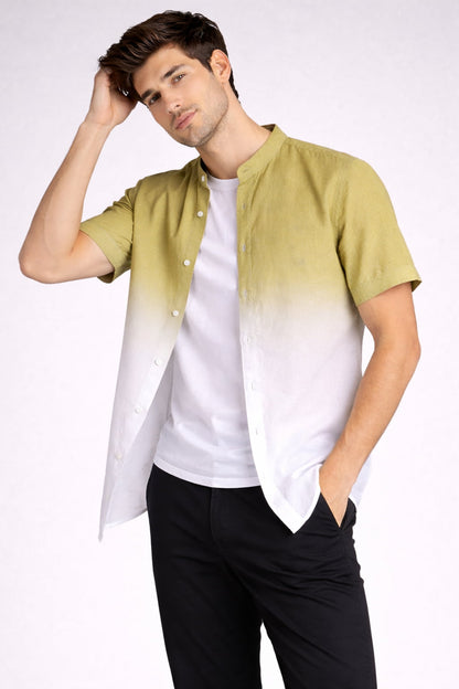 khakhi Ombre Mandarin Collar Cotton Shirt