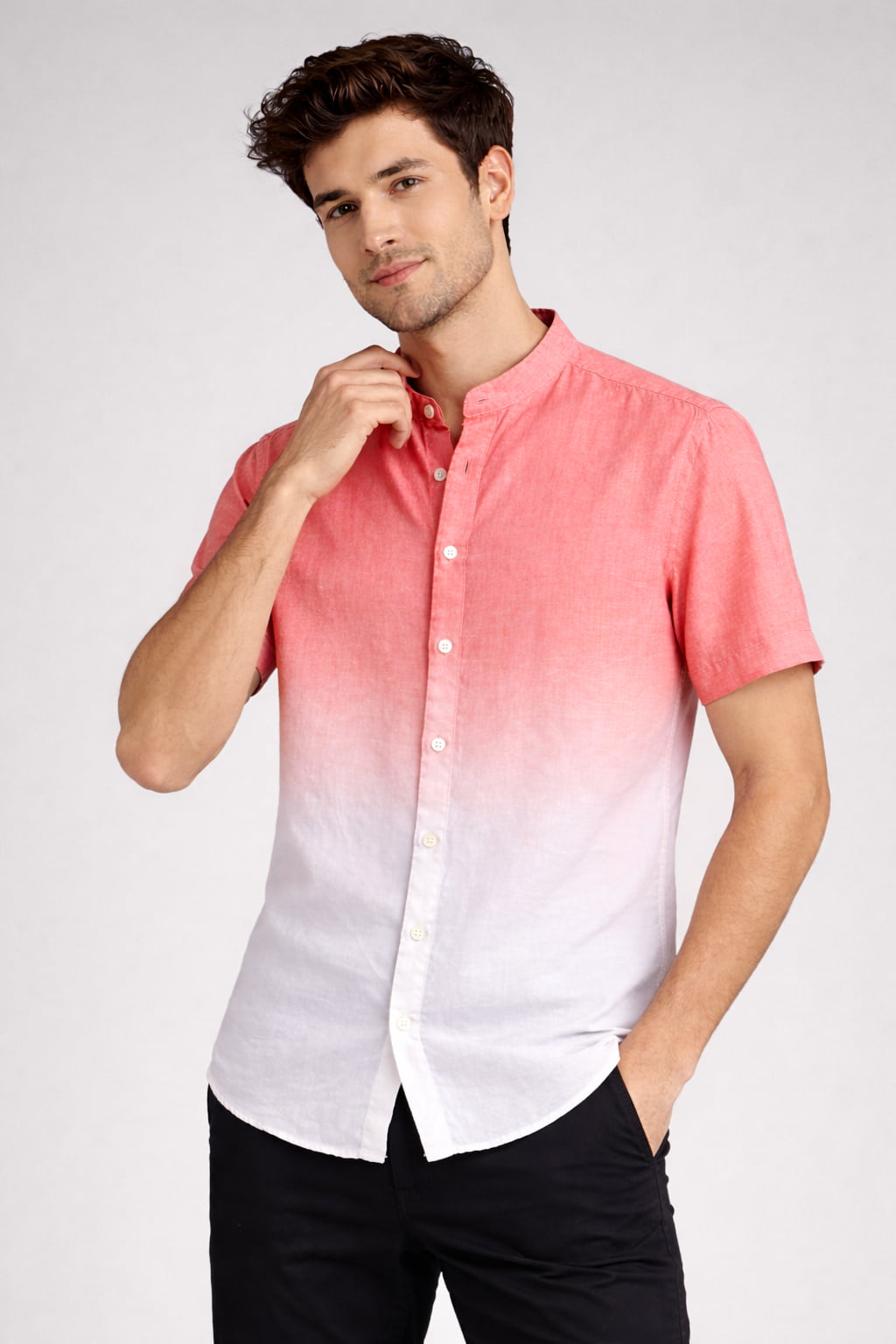 Coral Ombre Mandarin Collar Cotton Shirt