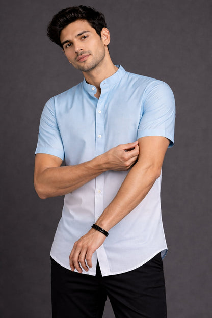 Sky Blue Ombre Mandarin Collar Cotton Shirt