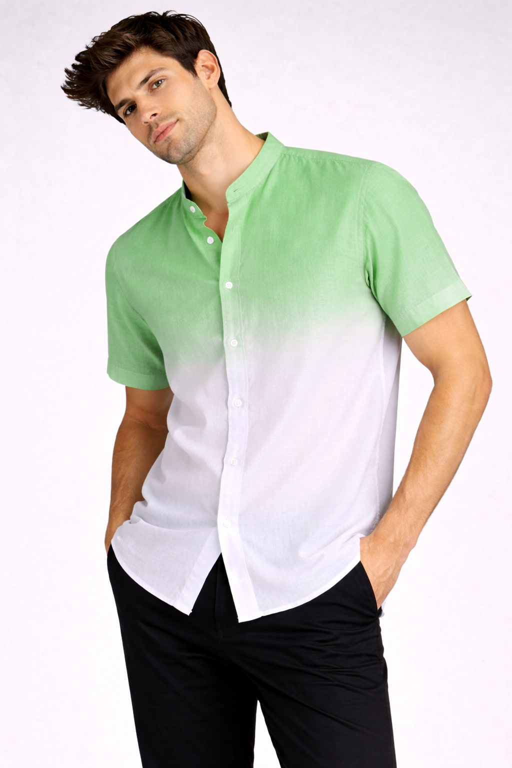 Light Green Ombre Mandarin Collar Cotton Shirt