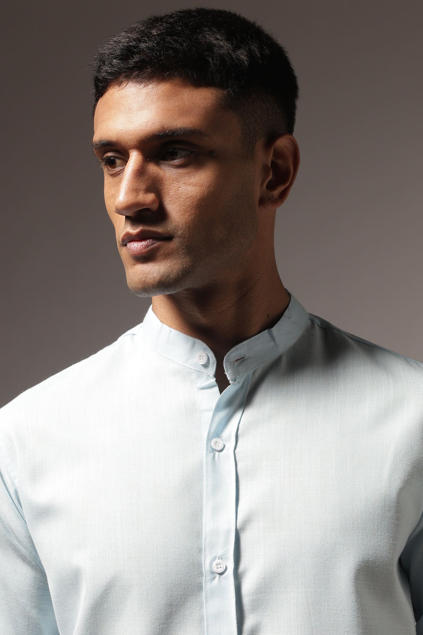 Light Blue Mandarin Collar Plain 