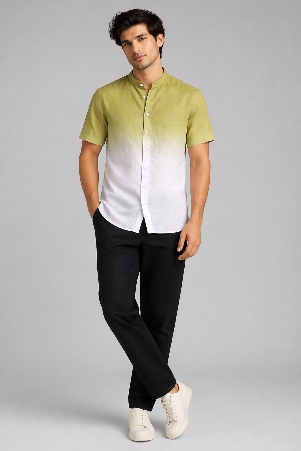 khakhi Ombre Mandarin Collar Cotton Shirt