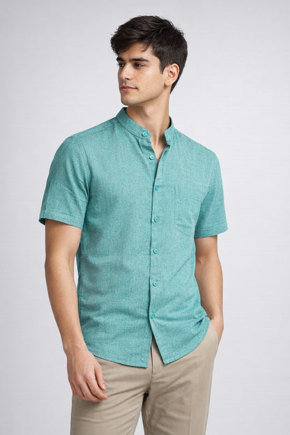 Men’s Sea Green Mandarin Collar Cotton Shirt