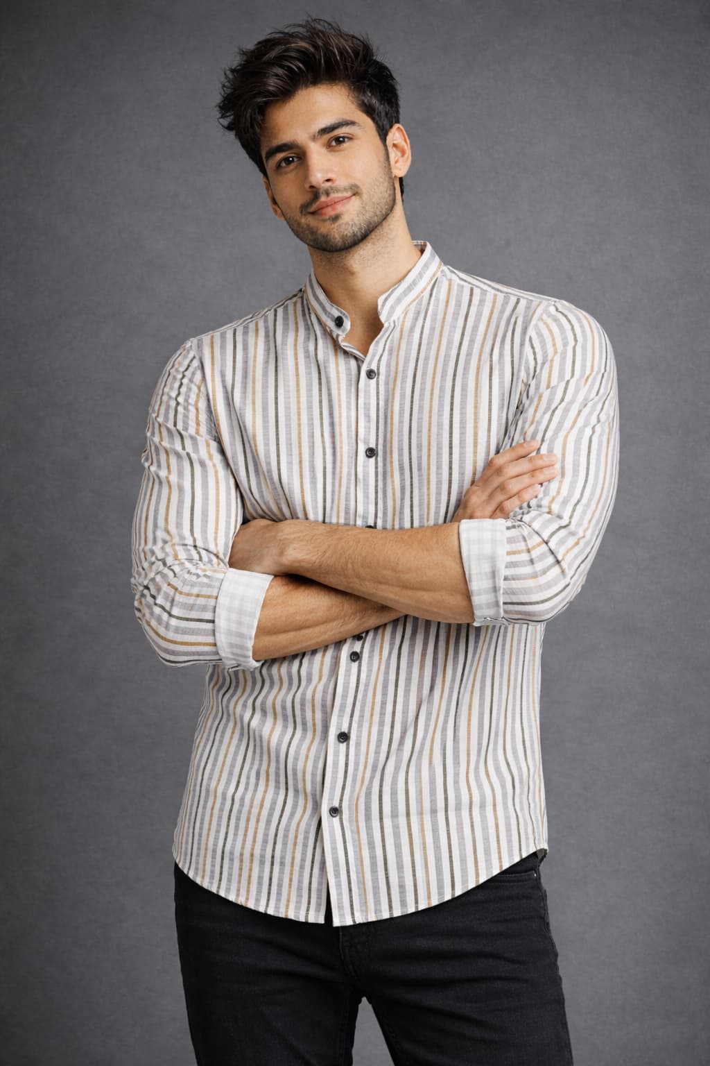 Men’s Off White Multi Stripe Mandarin Collar Cotton Shirt