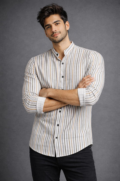 Men’s Off White Multi Stripe Mandarin Collar Cotton Shirt