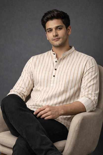 Beige Striped Mandarin Collar Short Kurta Shirt