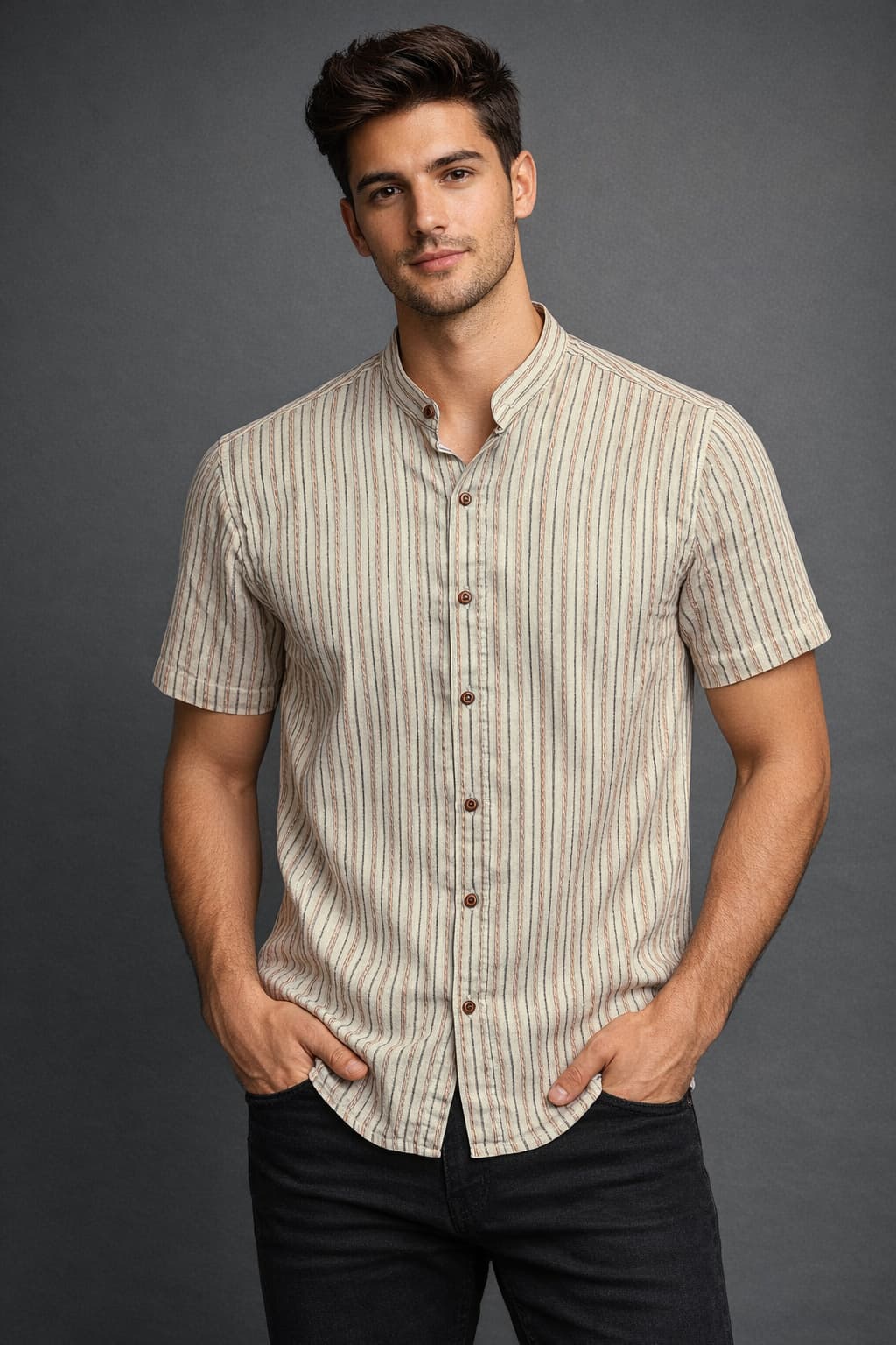 Beige Striped Mandarin Collar Shirt