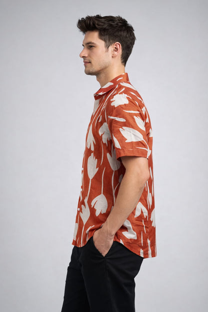 Rust Red Floral Print Shirt