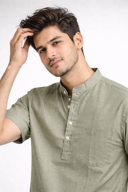 Olive Mandarin Collar Short Kurta