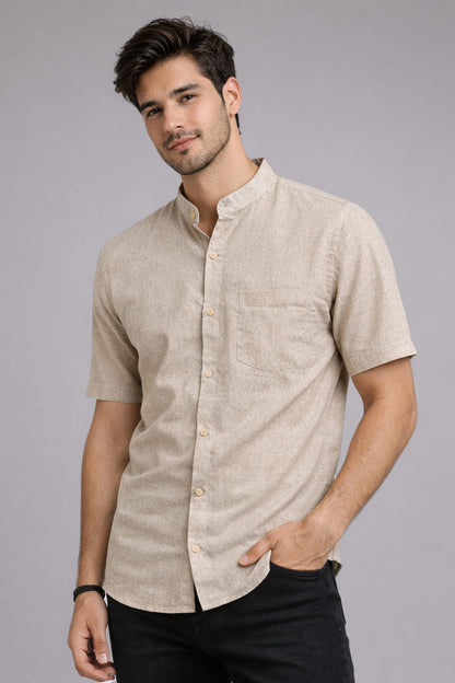 Men’s Beige Mandarin Collar Cotton Shirt