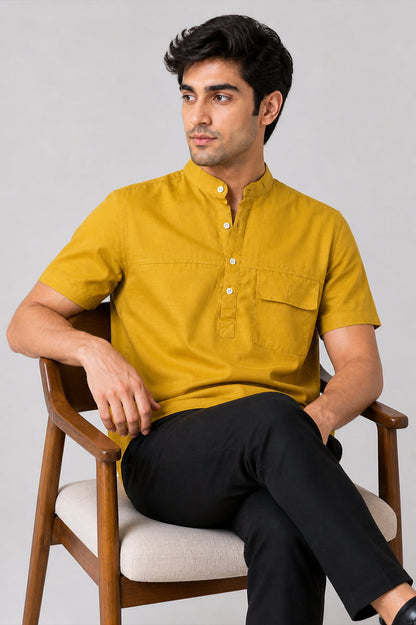 Mustard Yellow Mandarin Collar Cotton Short Kurta Shirt with Pocket