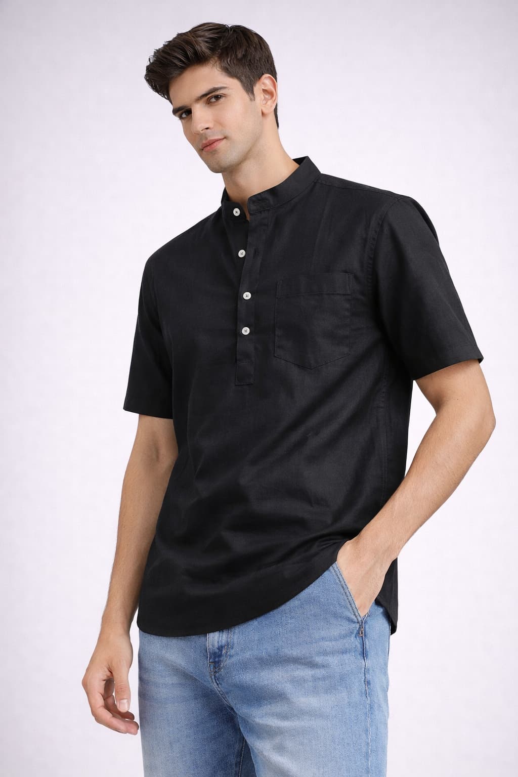 Black Mandarin Collar Short Kurta