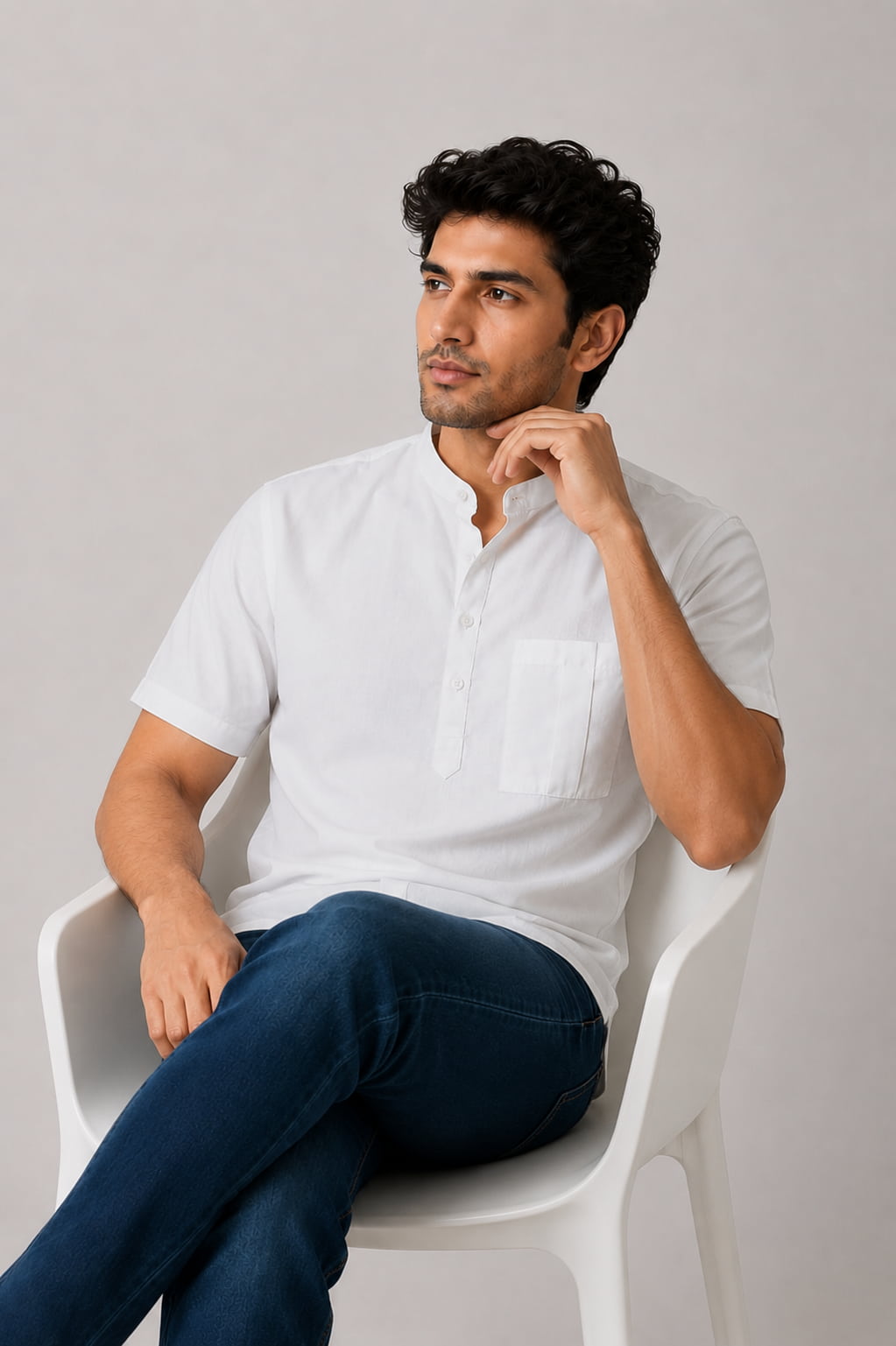 Classic White Mandarin Collar Cotton Short Kurta Shirt with Pocket