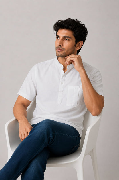 Classic White Mandarin Collar Cotton Short Kurta Shirt with Pocket