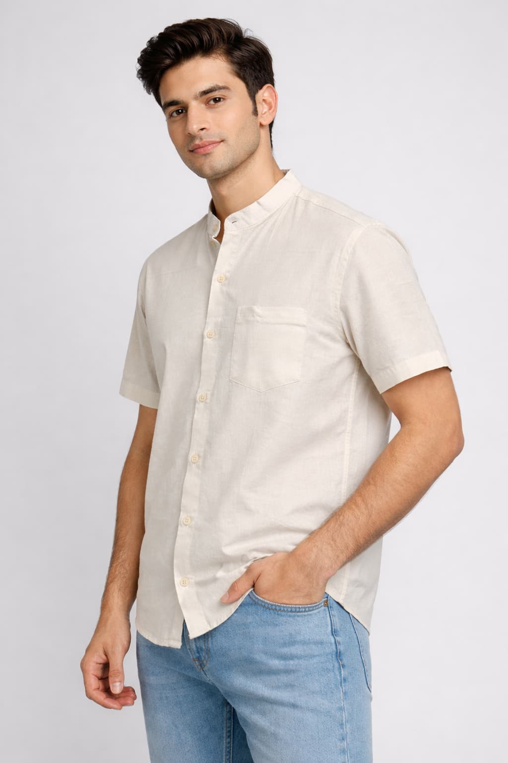 Men’s Cream Mandarin Collar Cotton Shirt