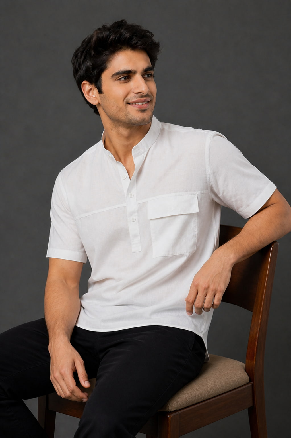 Men’s White Mandarin Collar Cotton Short Kurta Shirt with Pocket