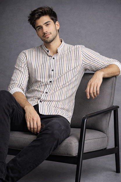 Men’s Off White Multi Stripe Mandarin Collar Cotton Shirt
