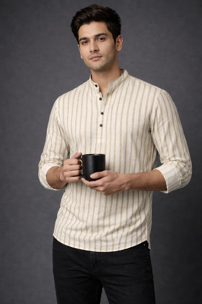 Beige Striped Mandarin Collar Short Kurta Shirt