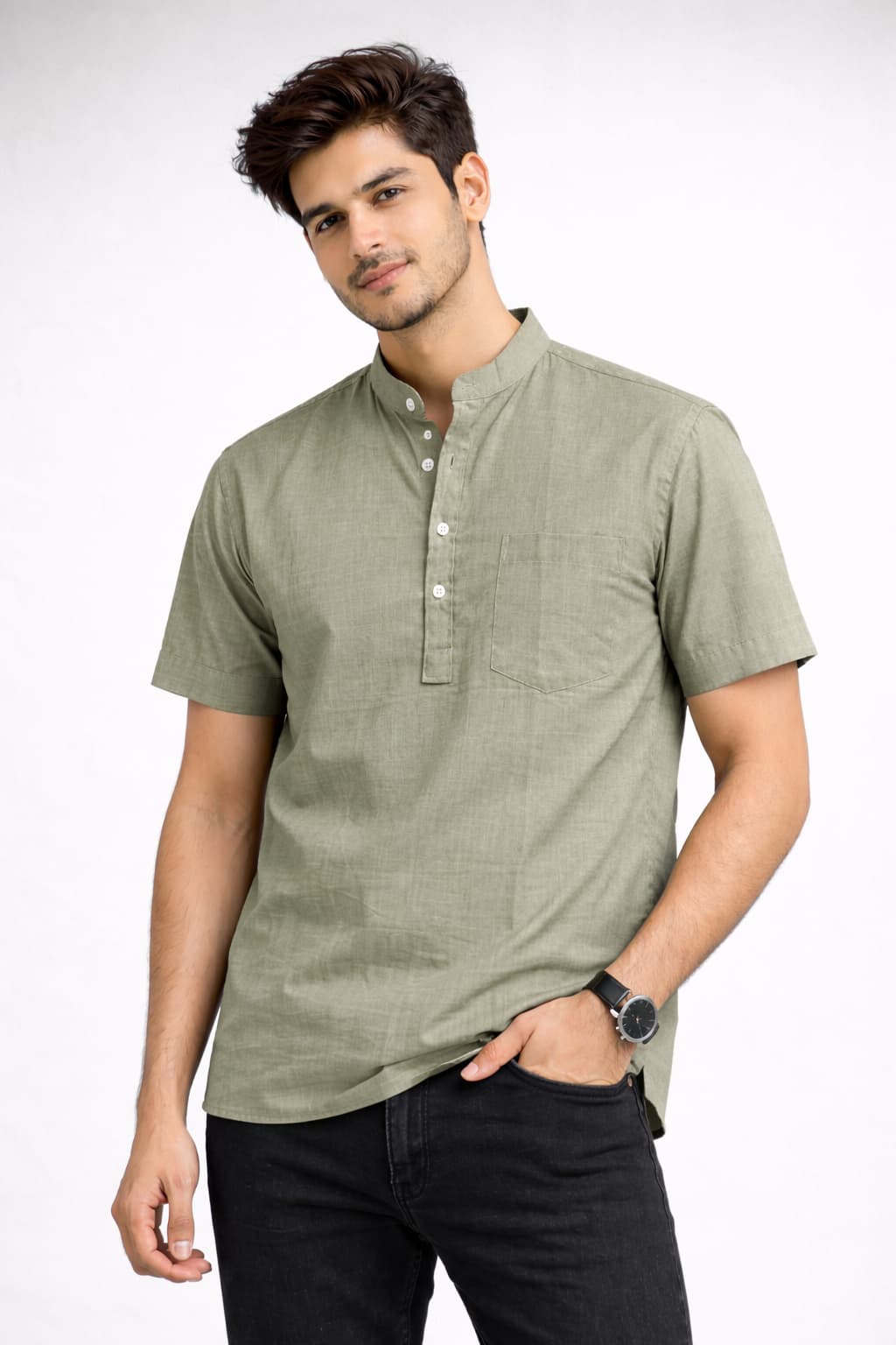 Olive Mandarin Collar Short Kurta