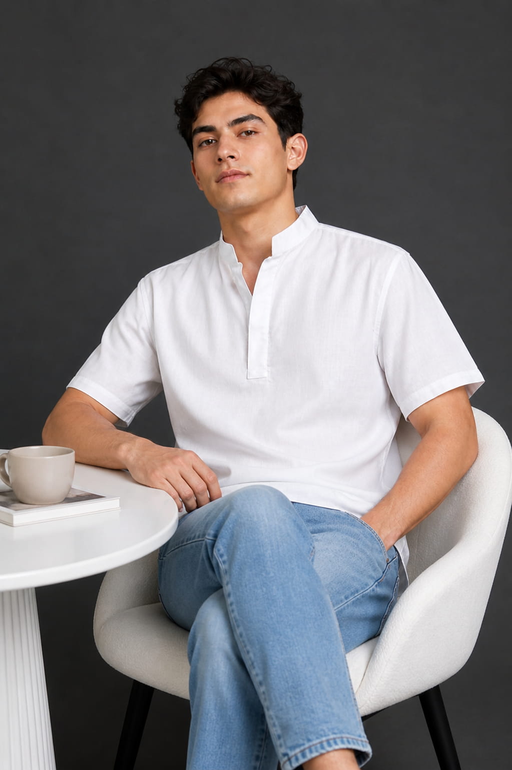 White Mandarin Collar Cotton Short Kurta Shirt