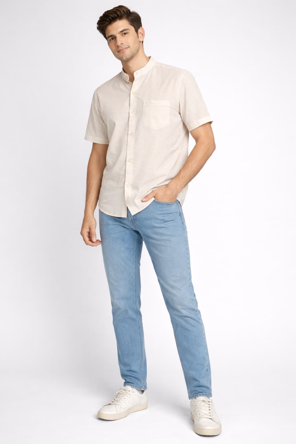 Men’s Cream Mandarin Collar Cotton Shirt