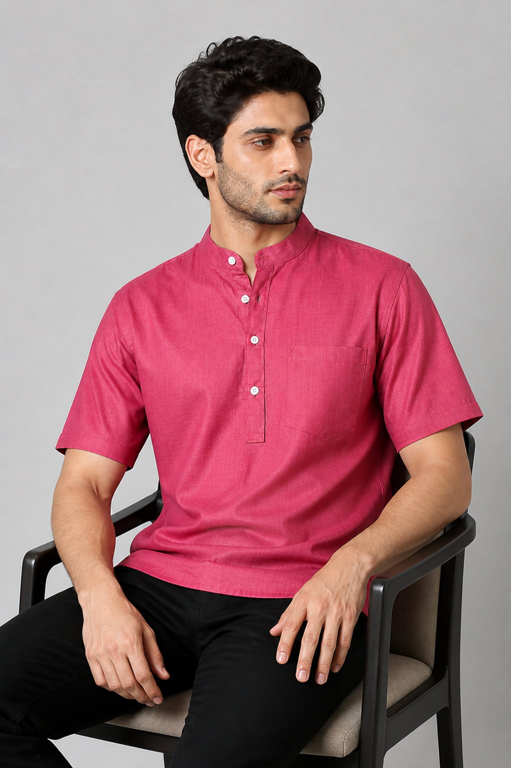 Men’s Rose Pink Mandarin Collar Cotton Short Kurta Shirt with Pocket