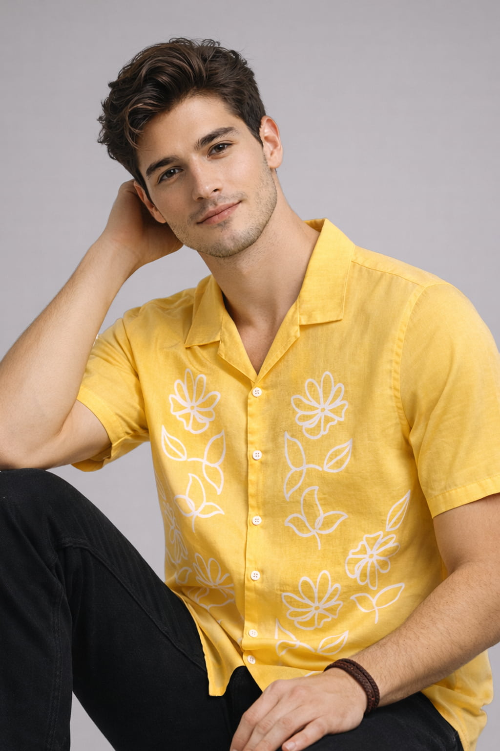 Yellow Floral Print Panel Shirt