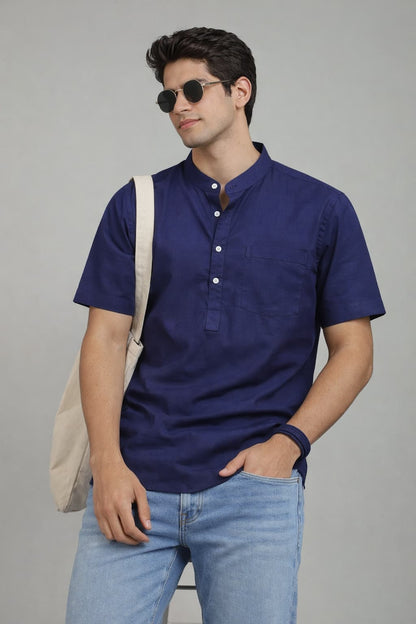 Navy Blue Mandarin Collar Short Kurta