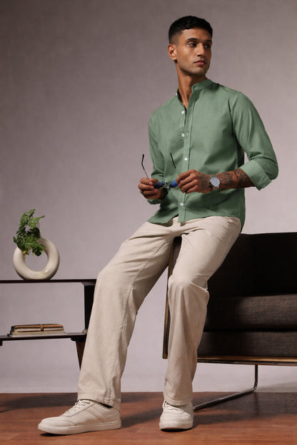 Sage Green Mandarin Collar Plain Shirt