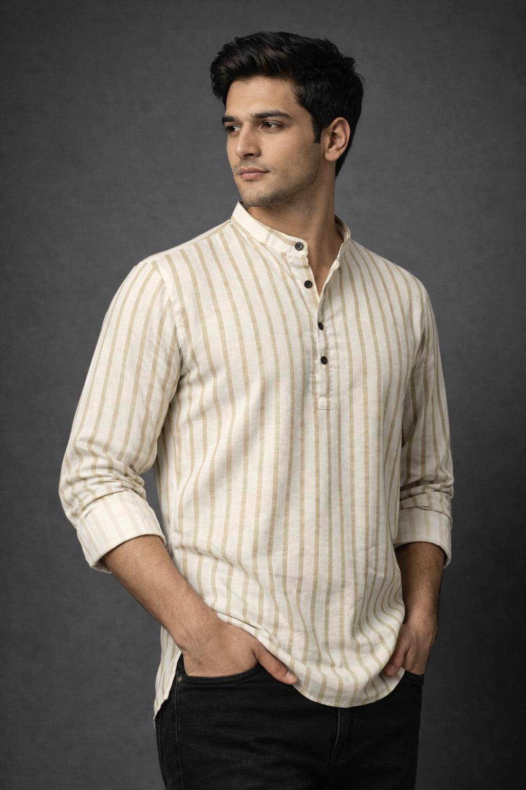 Beige Striped Mandarin Collar Short Kurta Shirt