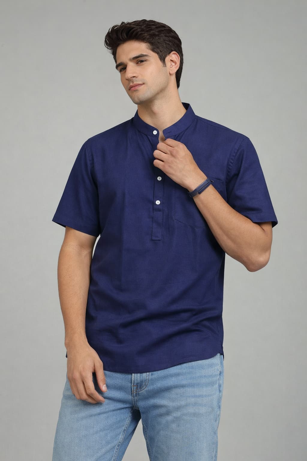 Navy Blue Mandarin Collar Short Kurta