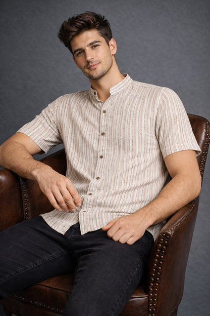 Beige Striped Mandarin Collar Shirt