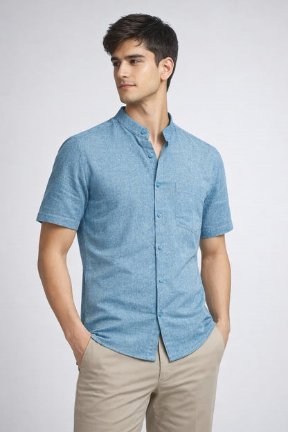 Men’s Blue Mandarin Collar Cotton Shirt