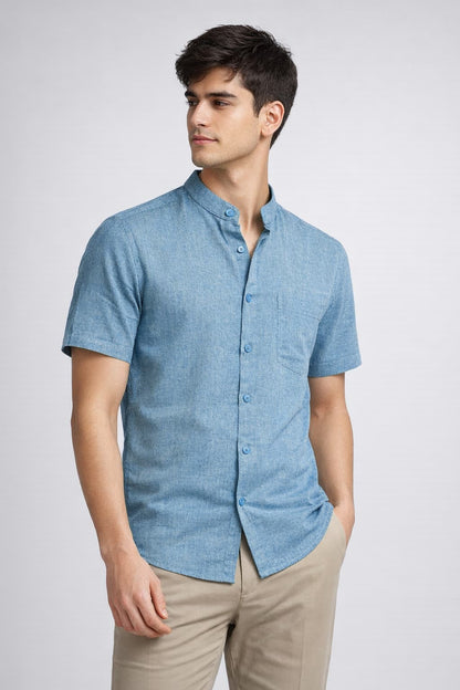 Men’s Blue Mandarin Collar Cotton Shirt