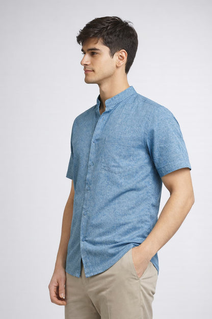 Men’s Blue Mandarin Collar Cotton Shirt