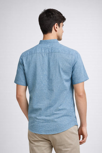 Men’s Blue Mandarin Collar Cotton Shirt