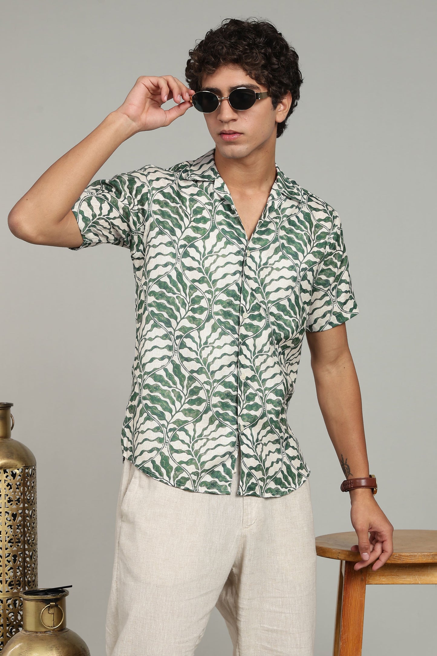 green printed shirt