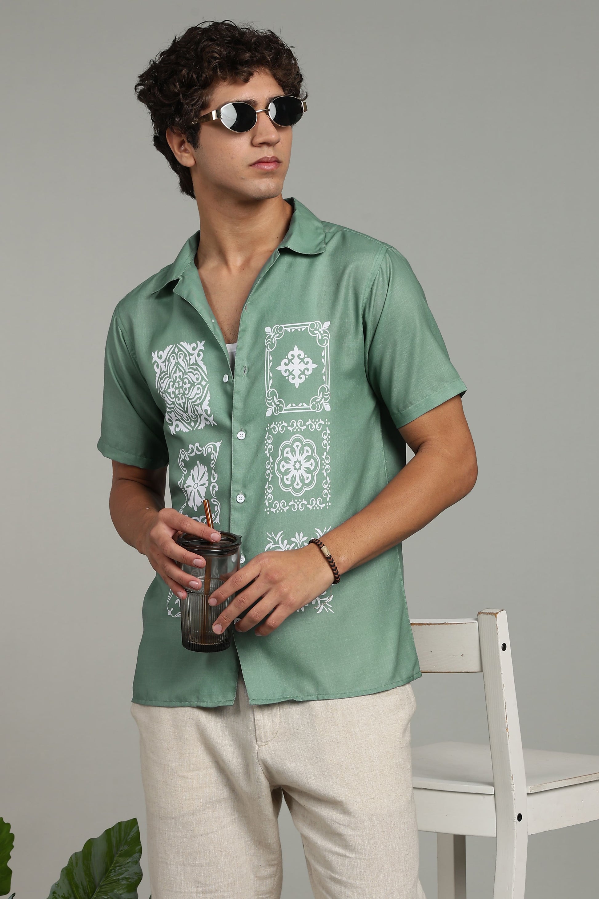 sage green printed shirt 