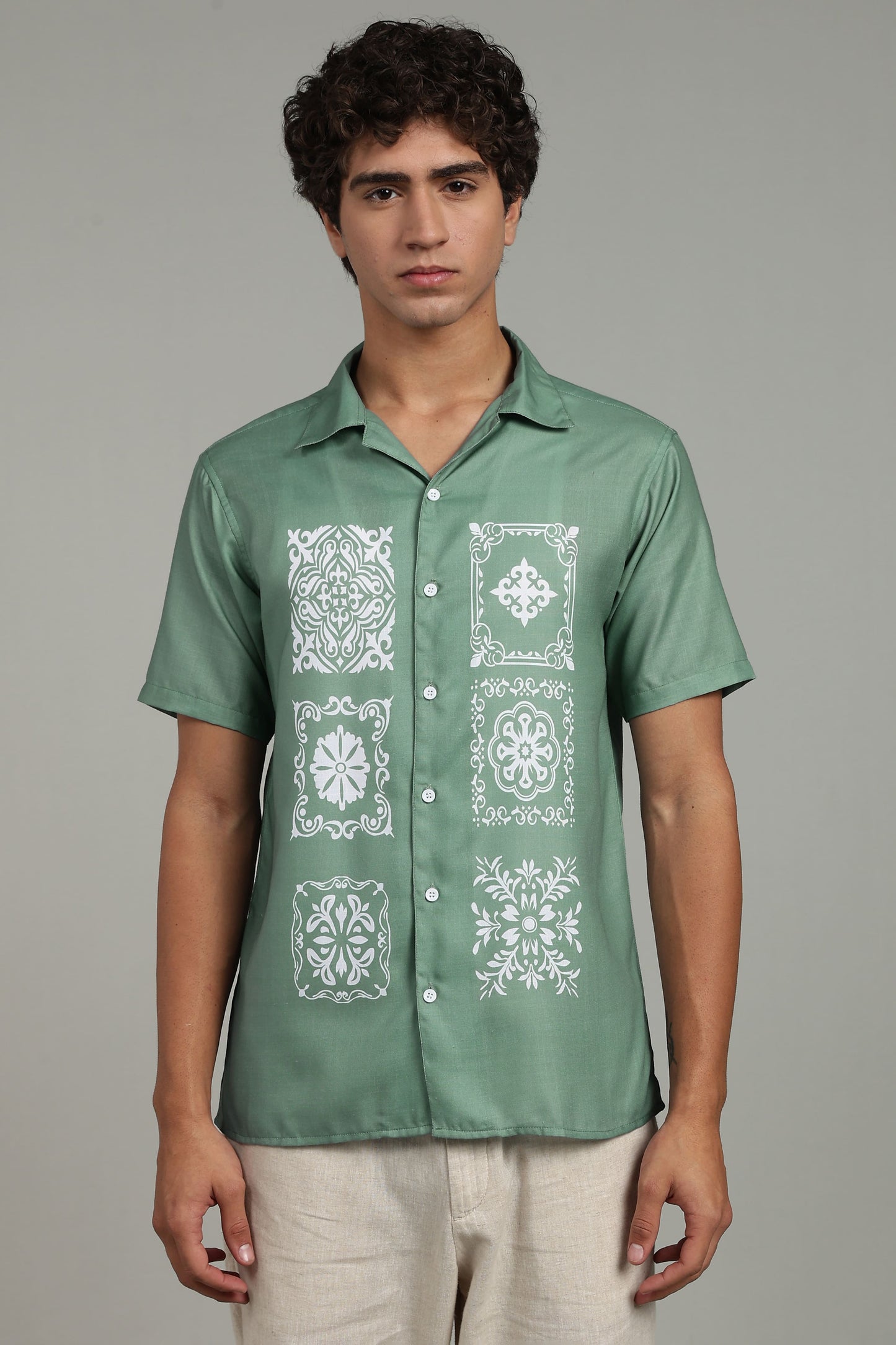 sage green printed shirt 